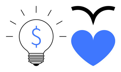 Light bulb with dollar sign representing ideas and finances next to a blue heart with wings for care, charity, growth, and social values. Ideal for business, innovation, charity, monetary strategy