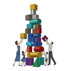 Family Building Colorful Geometric Shape Tower On White Background With Playful Interaction And Collaboration For Teamwork Concept