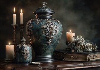 Ornate urn and candles on antique table