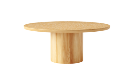 Stylish round wooden table, minimal catalog style on bright white background 