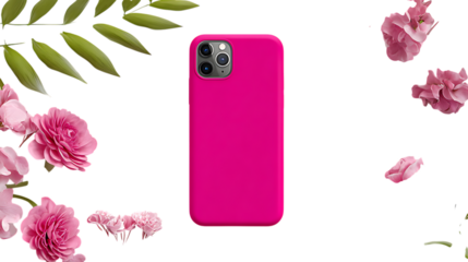 Stylish pink phone cover, minimal catalog style on bright white background 