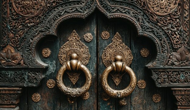 Ornate wooden doors with intricate carvings and brass handles