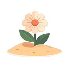 Light Peach Flower with Orange Center Growing in Sand under Bright Lighting Simple Illustration Isolated on White Background