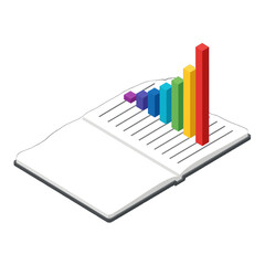Colorful Bar Chart on Open Book With White Background in Isometric View Showing Statistical Data Presentation With Growing Trends