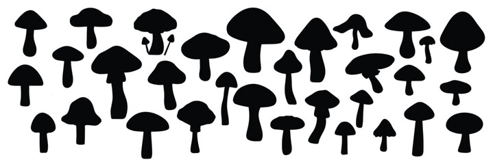 big collection of mushrooms silhouette vector illustration