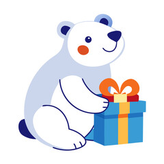 Cute polar bear cub holding a gift in a colorful vector design