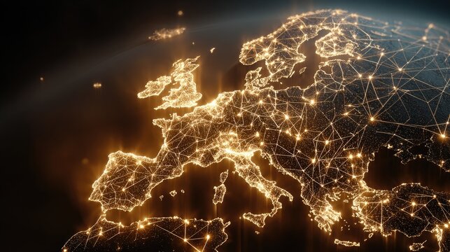 European network map, glowing cities