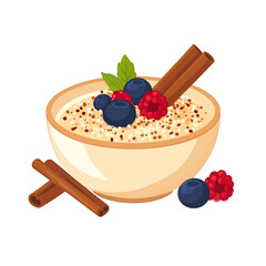 Delicious Breakfast Oatmeal Bowl with Berries and Cinnamon Sticks on White Background