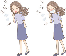 Long wavy-haired woman coughing with and without mask (full body)