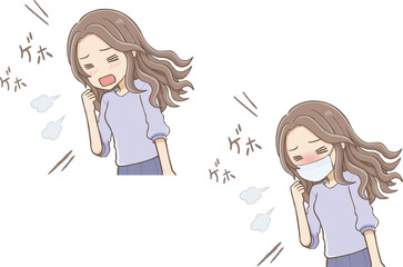 Long wavy-haired woman coughing with and without mask (upper body)