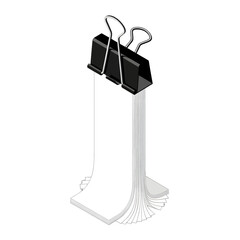 Black Metal Binder Clip Securing Stack of Papers on White Background Isometric View