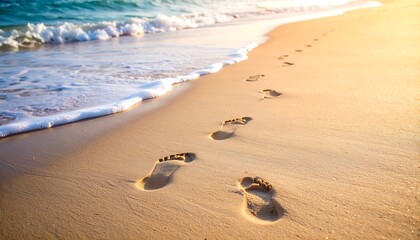 Footprints in Sand on Beach with Gentle Waves During Sunset