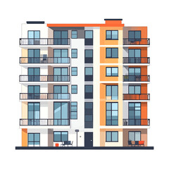 Modern Apartment Building Exterior with Balconies White Orange and Blue Against a White Background in Flat Vector Illustration Style