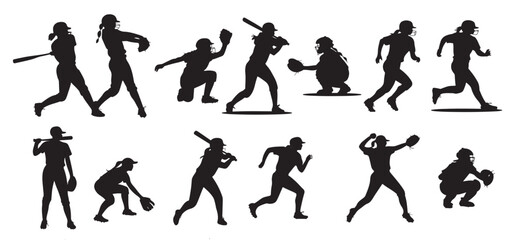 diverse female softball players in action silhouettes