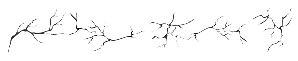 Set of ground cracks from a top view, earthquake cracks and holes, ruined and crushed land texture. Breaks on the land surface isolated on a white background. Broken wall with a glass pattern effect
