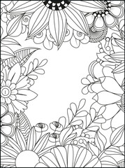 Botanical line art floral border frame decorative design elements nature in bloom white background