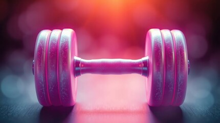 Naklejka premium Pink dumbbell with fitness, gym, and dark.