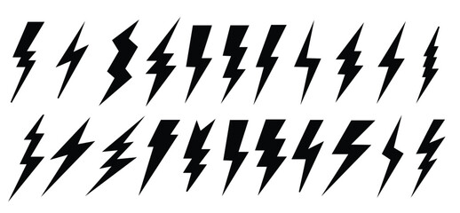 different types of lightning bolt vector set in black color