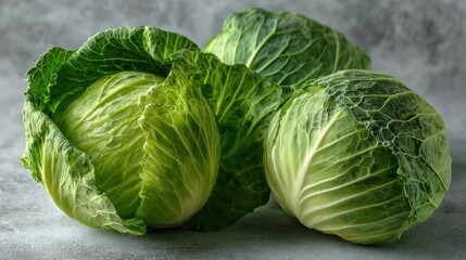 Fototapeta premium Fresh Green Cabbage Group on Gray Background, Organic Vegetables for Healthy Diet and Culinary Preparation, Raw Produce for Cooking and Nutrition