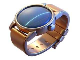 Close up of a futuristic steampunk style watch with a round face and leather strap