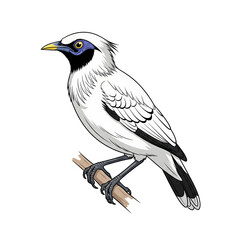 Fototapeta premium Vector illustration of Bali Starling bird (Jalak Bali) perched on branch, detailed flat design isolated on white background