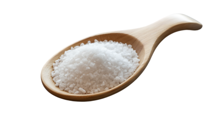 Wooden spoon filled with coarse sea salt isolated on transparent background