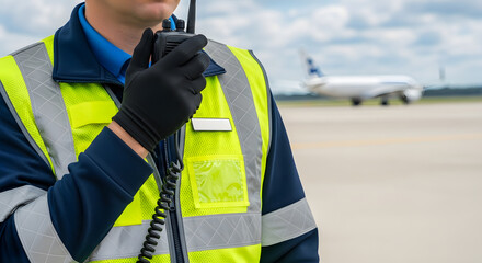 Dedicated airport security professional ensuring safety and smooth operations on the tarmac, communicating via a two-way radio system