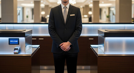 Impeccably dressed hotel concierge offering first-class hospitality service, standing at the reception counter with a welcoming stance in a chic lobby