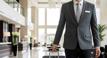 Professional hotel staff member in a stylish grey suit assisting a guest by carrying luggage through a luxurious and modern sunlit hotel lobby