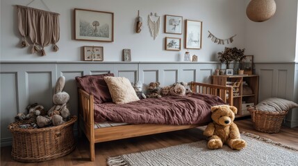 Stylish composition of cozy scandinavian child's room interior with bed, rattan basket, plush and wooden toys and textile hanging decorations. Creative wall, carpet on the floor.