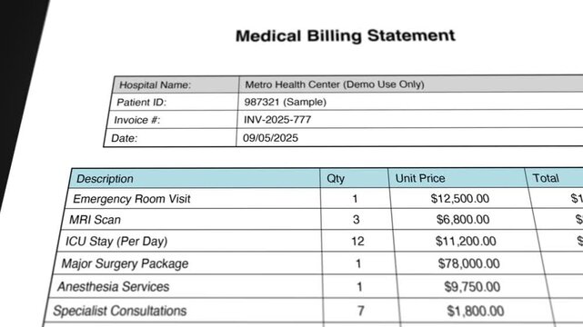 Medical Bill Statement with Itemized Costs Fake Debt Invoice Animation