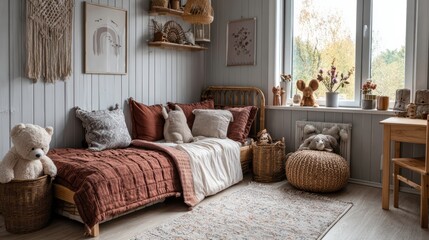 Stylish composition of cozy scandinavian child's room interior with bed, rattan basket, plush and wooden toys and textile hanging decorations. Creative wall, carpet on the floor.