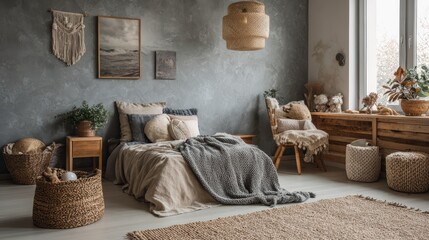 Stylish composition of cozy scandinavian child's room interior with bed, rattan basket, plush and wooden toys and textile hanging decorations. Creative wall, carpet on the floor.
