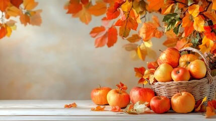 Ripe apples in wicker basket with autumn leaves on wooden table against neutral background with fall banner copy space