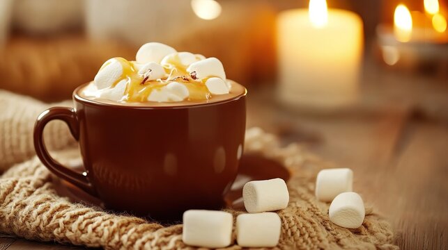 Hot cocoa with whipped cream, caramel and marshmallows in cozy autumn setting with candlelight and knitted blanket