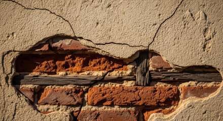 Cracked Tan Stucco Wall with Orange Brick Showing Texture Background