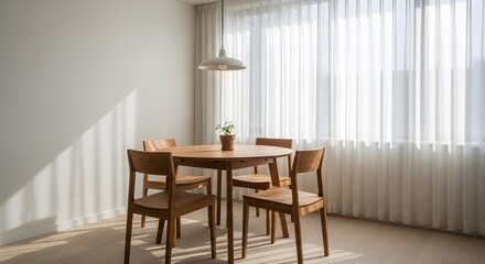 Modern dining room with wooden table and chairs bathed in natural light