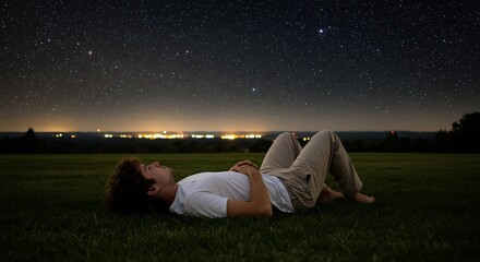 星空の下 静かに横たわる男性 穏やかな夜空 美しい星景写真. AI Generated