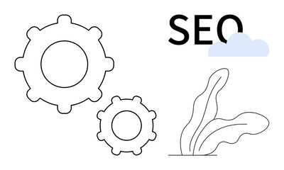 Two interlocking gears, SEO text, abstract cloud shape, and plant elements symbolize optimization, growth, and collaboration. Ideal for digital marketing, strategy, analysis development teamwork