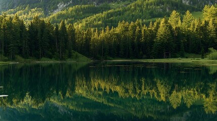 Serene mountain lake reflected in trees