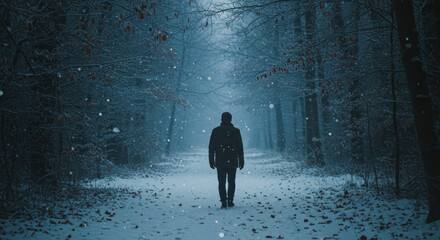 A man strolls leisurely through a fabulous natural landscape illuminated by moonlight.