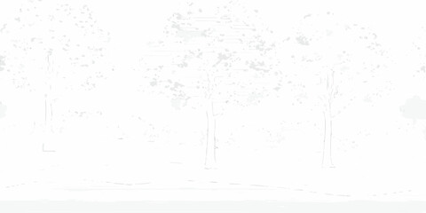 Minimalist white sketch of trees and foliage in a park landscape with a path