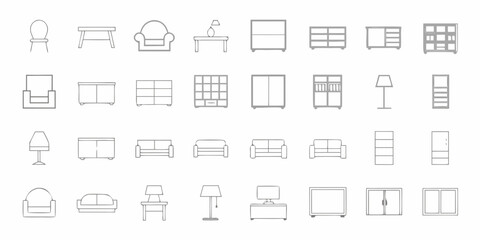 Collection of simple line art icons representing various furniture pieces for home and office interior design