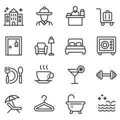 Hotel and travel icon set for vacation rental, resort or tourism service promotion online or in print