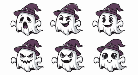 Fototapeta premium Six cartoon ghosts with different expressions, each wearing a witch's hat, conveying various emotions like surprise, joy, and anger.