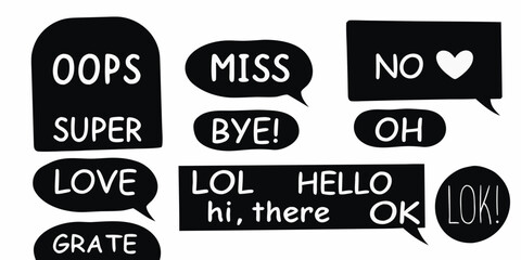 Collection of black speech bubbles with handwritten white text and symbols on a white background