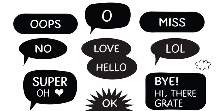 Collection of black speech bubbles with white text messages and emojis on a white background