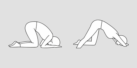 Two stylized line drawings of figures performing yoga poses one in child s pose and the other in downward facing dog