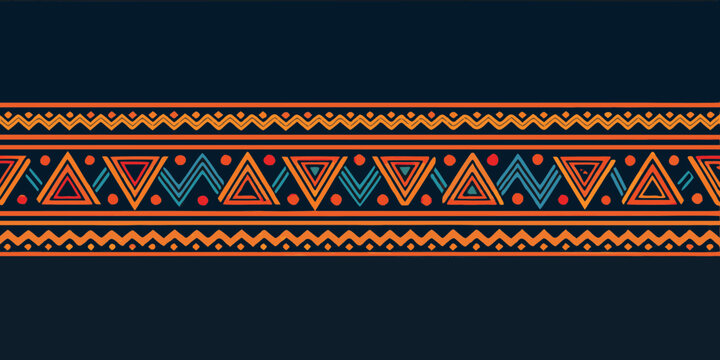 Tribal geometric border pattern with triangles and zigzags in orange and blue on dark background