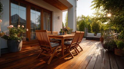 Fototapeta premium New wooden deck with patio furniture in backyard.